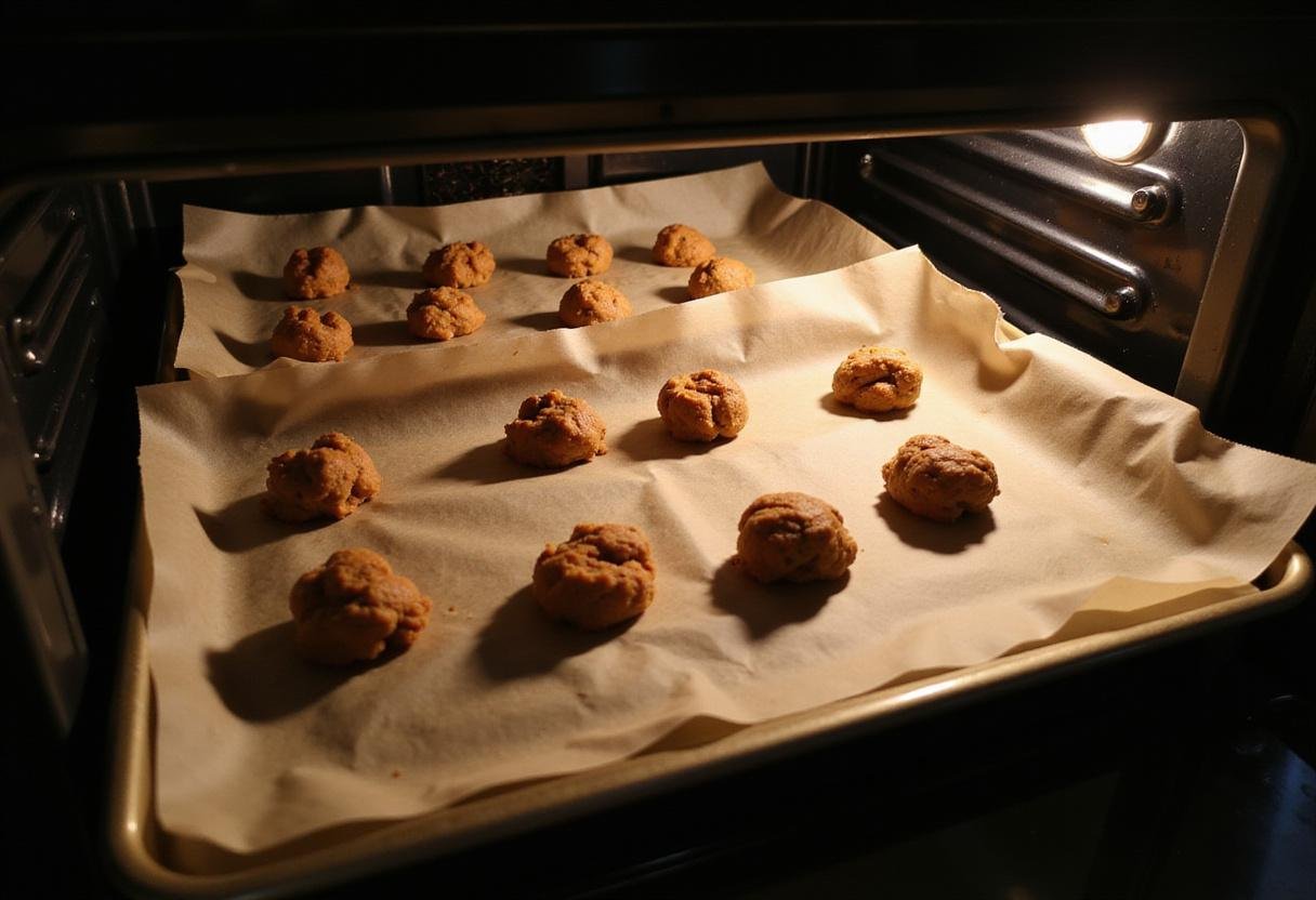 Scoop of raw chocolate and caramel cookie dough on a baking tray, ready to be baked for a delightful cookie treat.