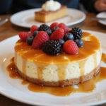 Gourmet classic cheesecake adorned with fresh berries and caramel, perfect for serving as cinnamon roll cheesecake, tiramisu cheesecake, or lemon blueberry cheesecake.