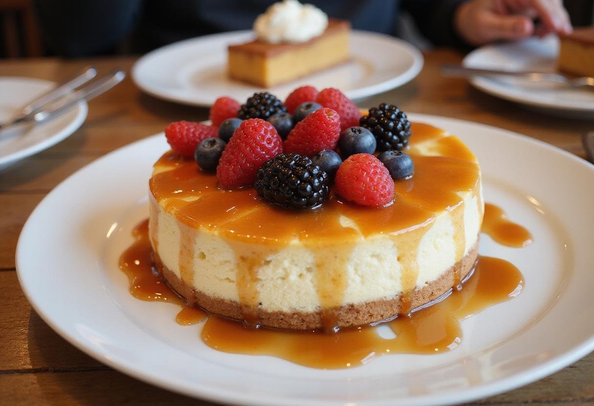 Gourmet classic cheesecake adorned with fresh berries and caramel, perfect for serving as cinnamon roll cheesecake, tiramisu cheesecake, or lemon blueberry cheesecake.