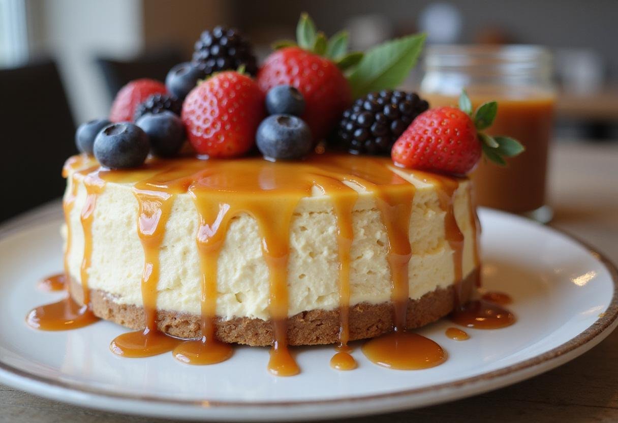 Gourmet classic cheesecake adorned with fresh berries and caramel, perfect for serving as cinnamon roll cheesecake, tiramisu cheesecake, or lemon blueberry cheesecake.