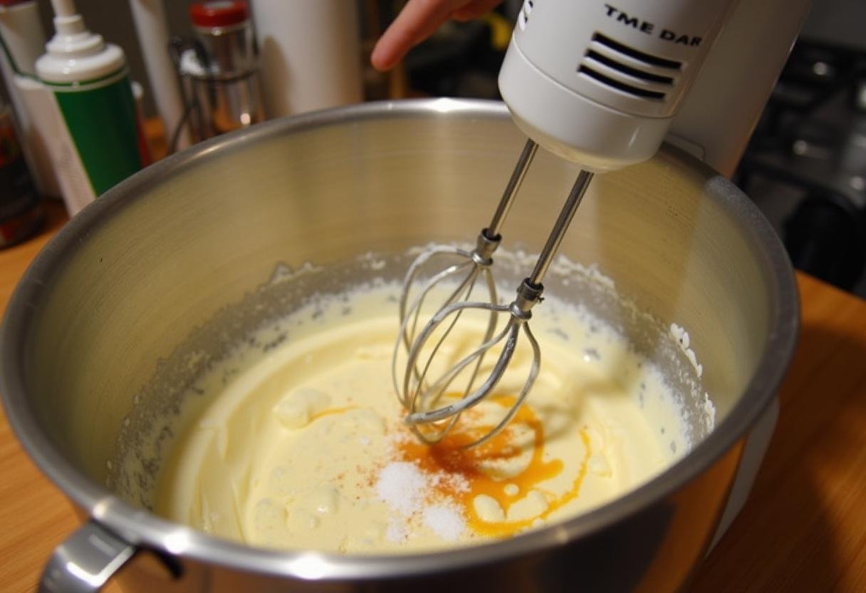Classic cheesecake preparation with cream cheese, sugar, and vanilla extract in a cozy kitchen, perfect for cinnamon roll cheesecake or lemon blueberry cheesecake.