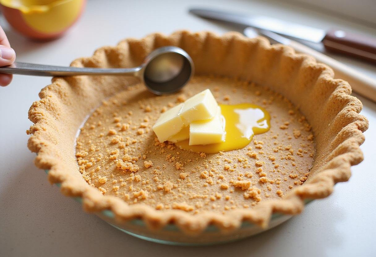 Creating a graham cracker crust for a delicious cheesecake, ideal for blackberry cheesecake or pistachio cheesecake recipe, in a bright kitchen atmosphere.