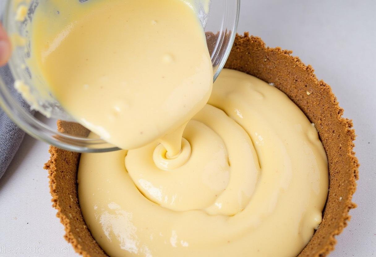 Pouring smooth cheesecake filling into a graham cracker crust, showcasing the classic cheesecake process, a step towards tiramisu cheesecake or creme brulee cheesecake.