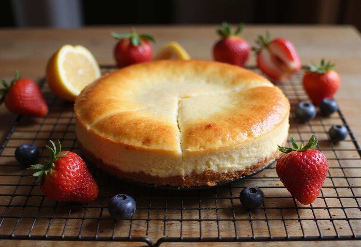 Cooling classic cheesecake in a kitchen setting, ready to be transformed into various flavors like pistachio cheesecake and tiramisu cheesecake.