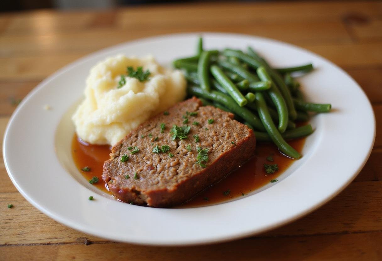 Serving a delicious slice of classic meatloaf alongside mashed potatoes and green beans, perfect for a family meal.