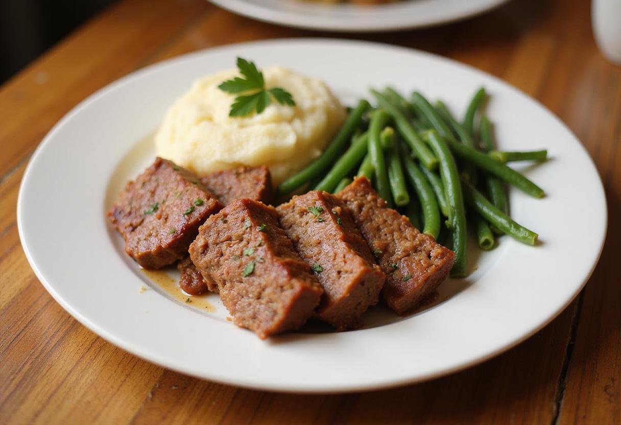 Serving a delicious slice of classic meatloaf alongside mashed potatoes and green beans, perfect for a family meal.