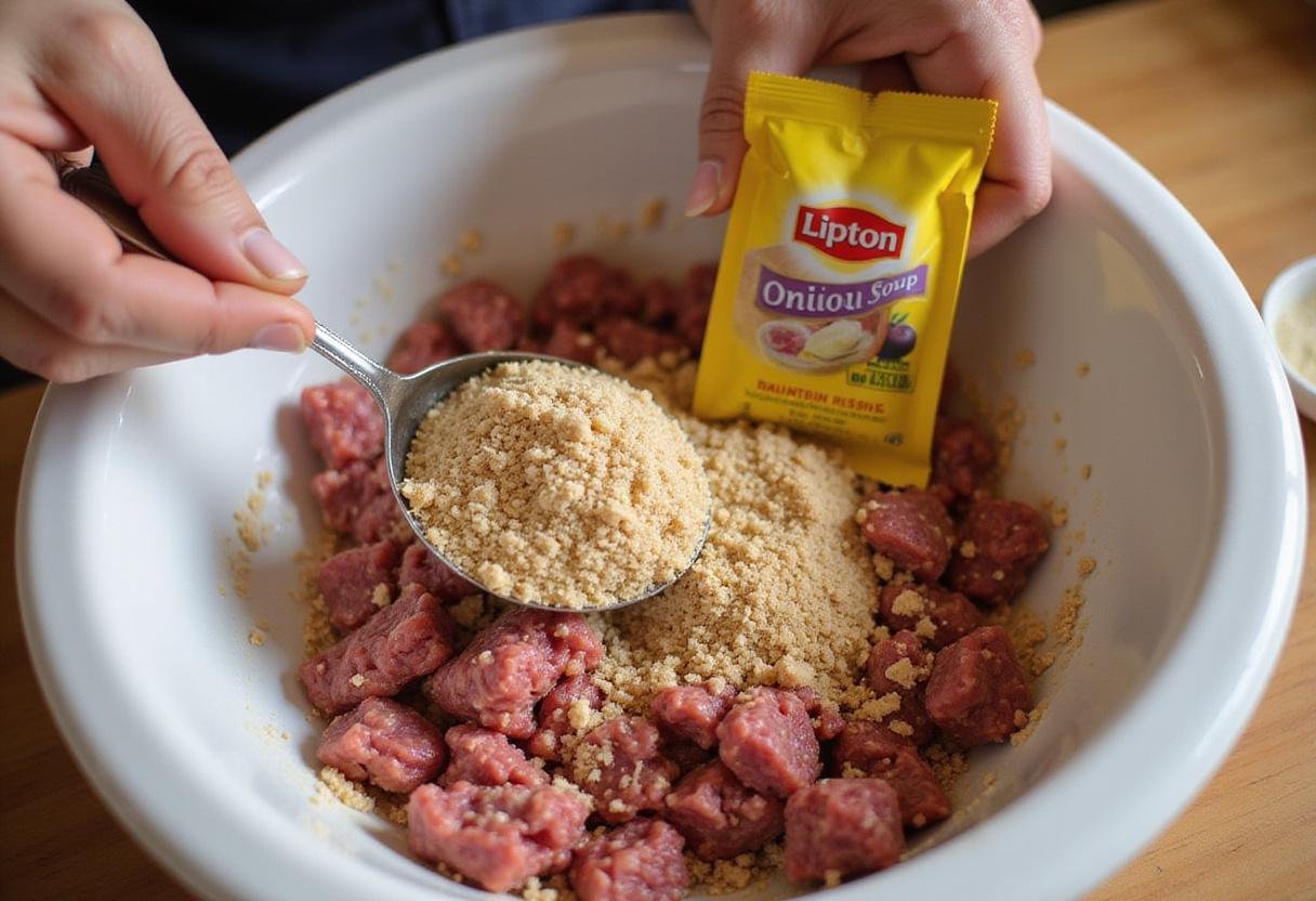 Making a delicious meatloaf recipe with onion soup mix, featuring ground beef and Lipton onion soup.