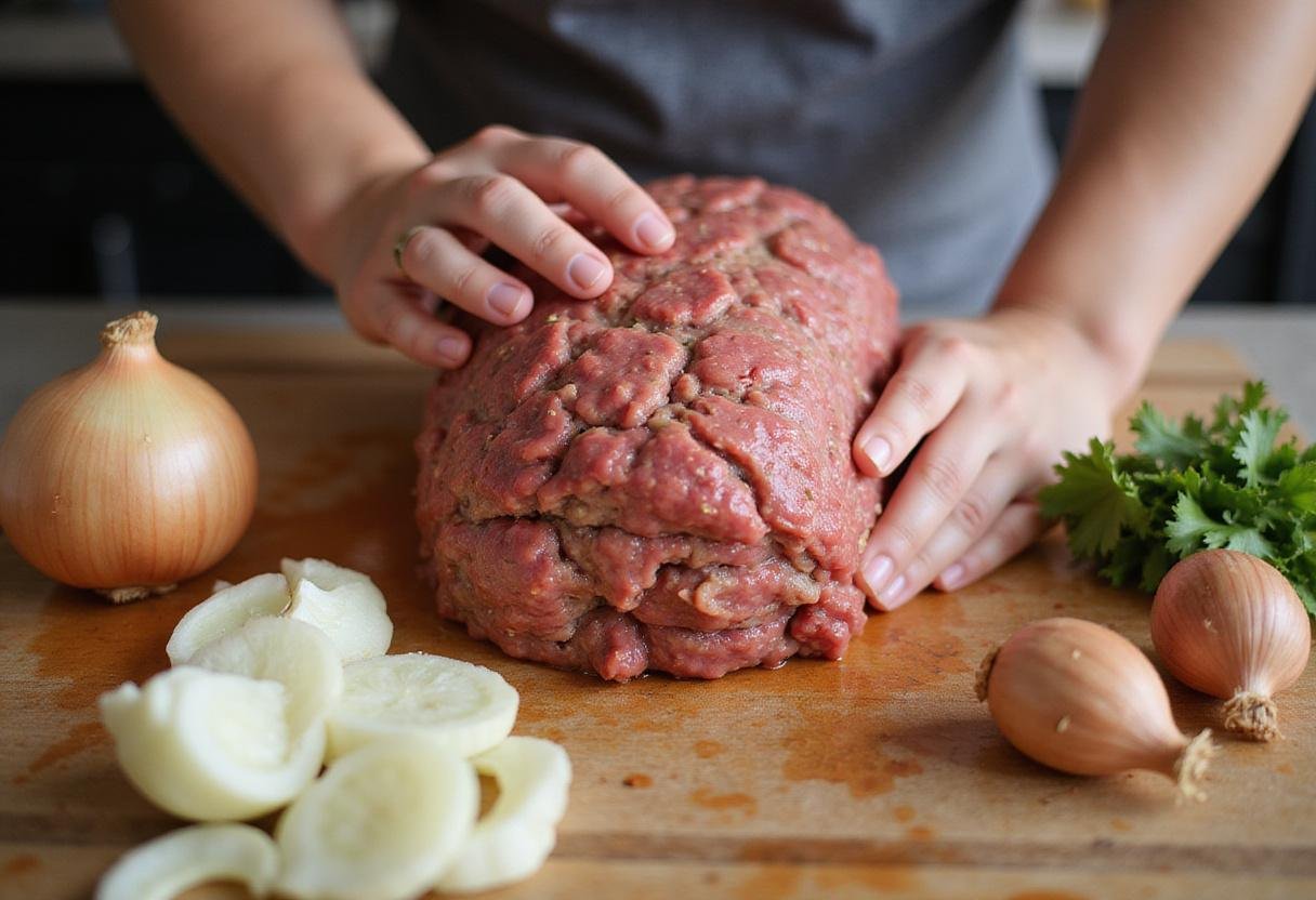 Shaping the meatloaf using a smoked meatloaf recipe, incorporating fresh ingredients for flavor.