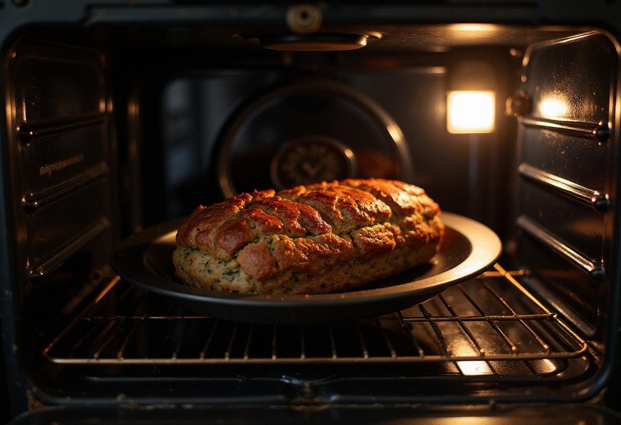 Baking the meatloaf in the oven, showcasing the golden-brown crust for a savory venison meatloaf recipe.