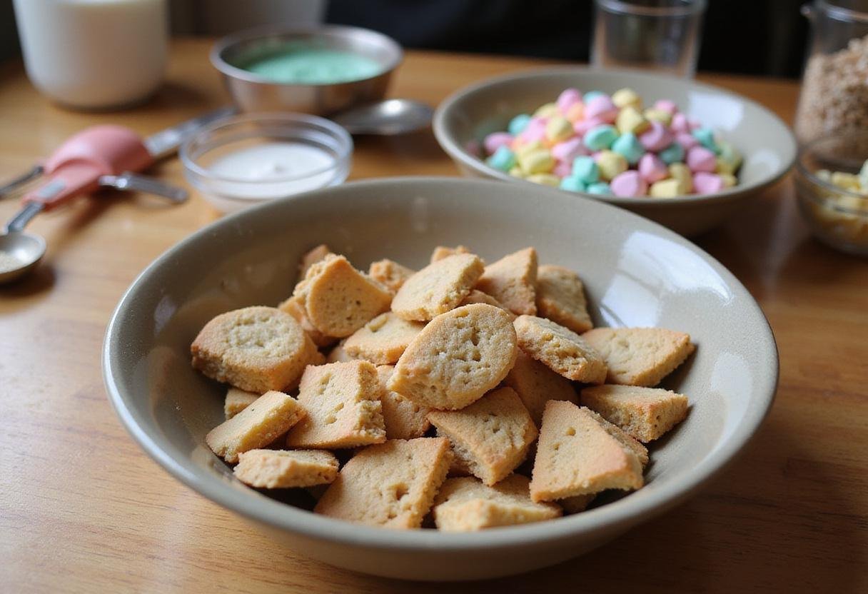 Delicious cookie salad recipe ingredients including broken cookies and marshmallows on a kitchen table.