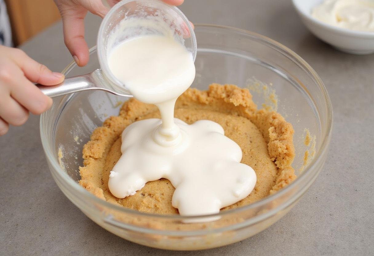 Preparing a cookie salad recipe with a creamy dressing poured over the mixture for enhanced flavors.