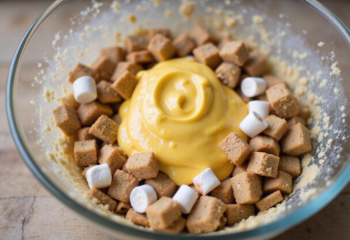 Blending ingredients for cookie salad recipe in a large bowl for a colorful and tasty dessert.