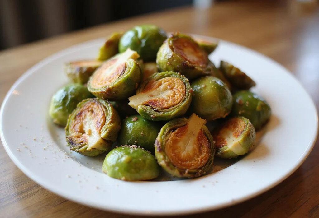 Crispy air fried brussels sprouts served as a delicious side dish, perfect for any meal.