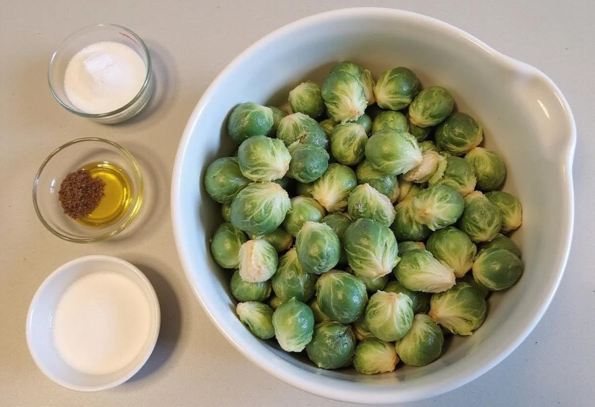Frozen brussel sprouts air fryer preparation with seasonings on kitchen counter.