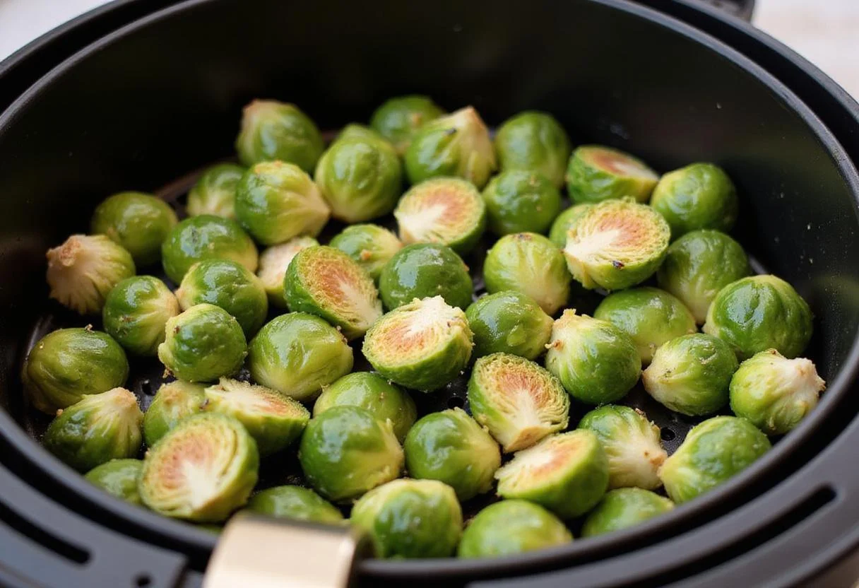 Frozen brussels sprouts arranged in an air fryer basket, ready for cooking.