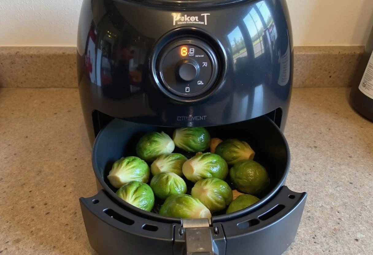Air fryer in operation, cooking frozen brussel sprouts for a delicious side dish.