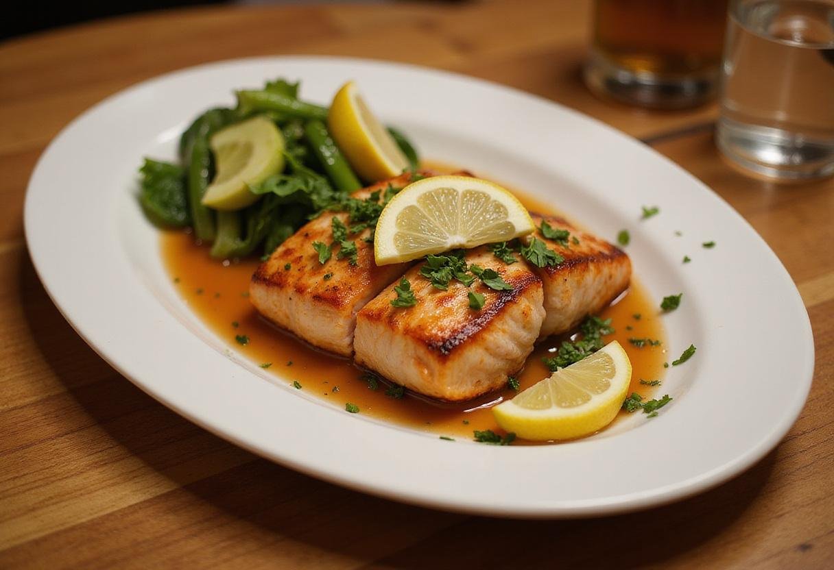 Final presentation of cooked frozen salmon in air fryer, showcasing a delicious and healthy meal ready to be enjoyed.