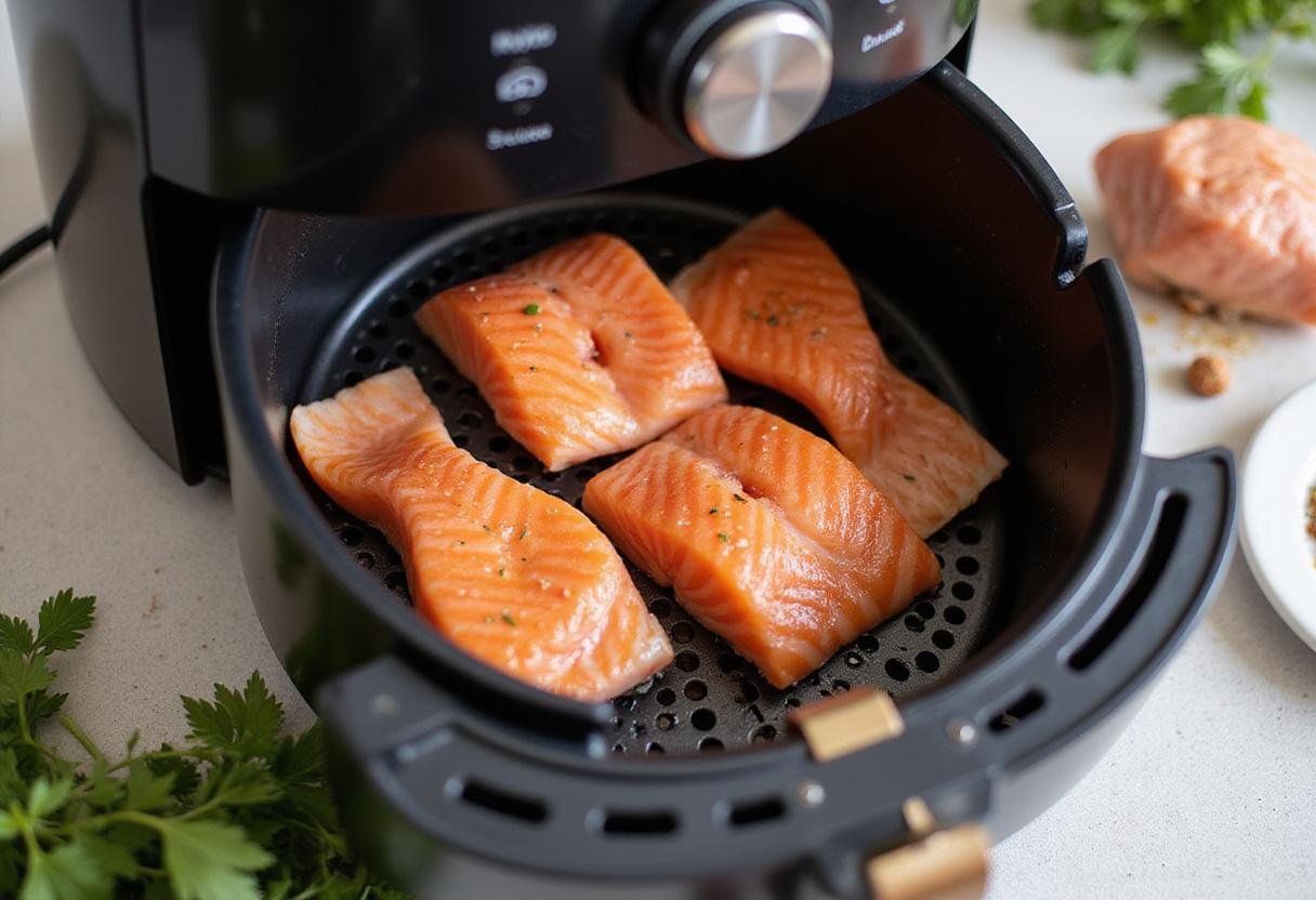 Cooking frozen salmon in air fryer step with frozen salmon fillets placed in an air fryer basket for even cooking.