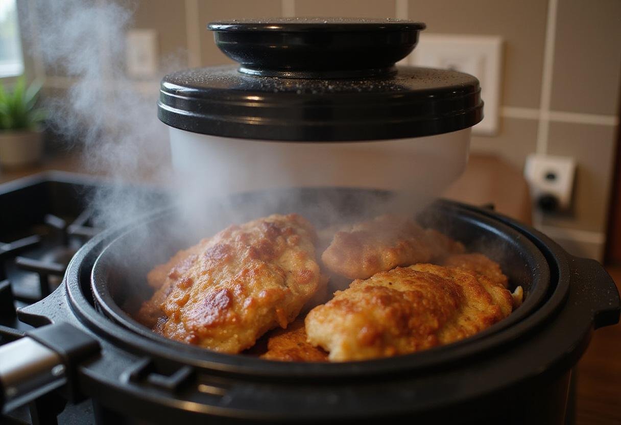 An air fryer cooking frozen salmon fillets with steam visible, showcasing a cooking process that enhances flavor and texture.