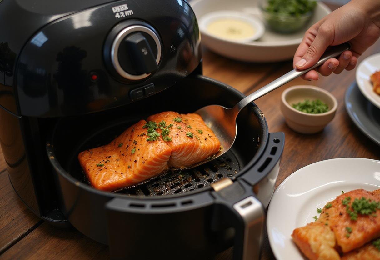 Removing cooked frozen salmon from the air fryer, demonstrating the ease of cooking frozen salmon in air fryer.