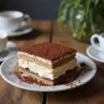Final presentation of a decadent Costco tiramisu dessert ready to be served on a rustic table.