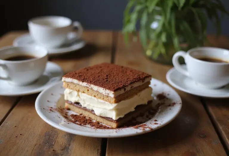 Final presentation of a decadent Costco tiramisu dessert ready to be served on a rustic table.