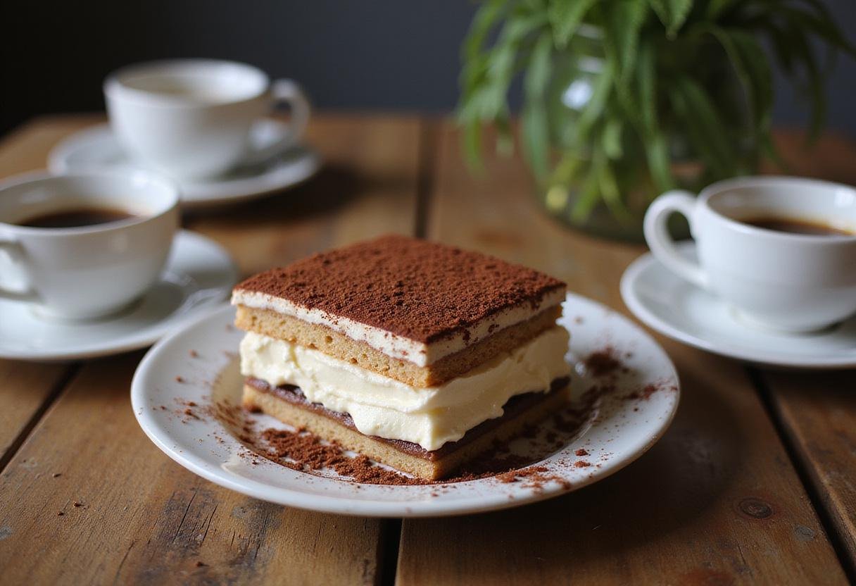 Final presentation of a decadent Costco tiramisu dessert ready to be served on a rustic table.