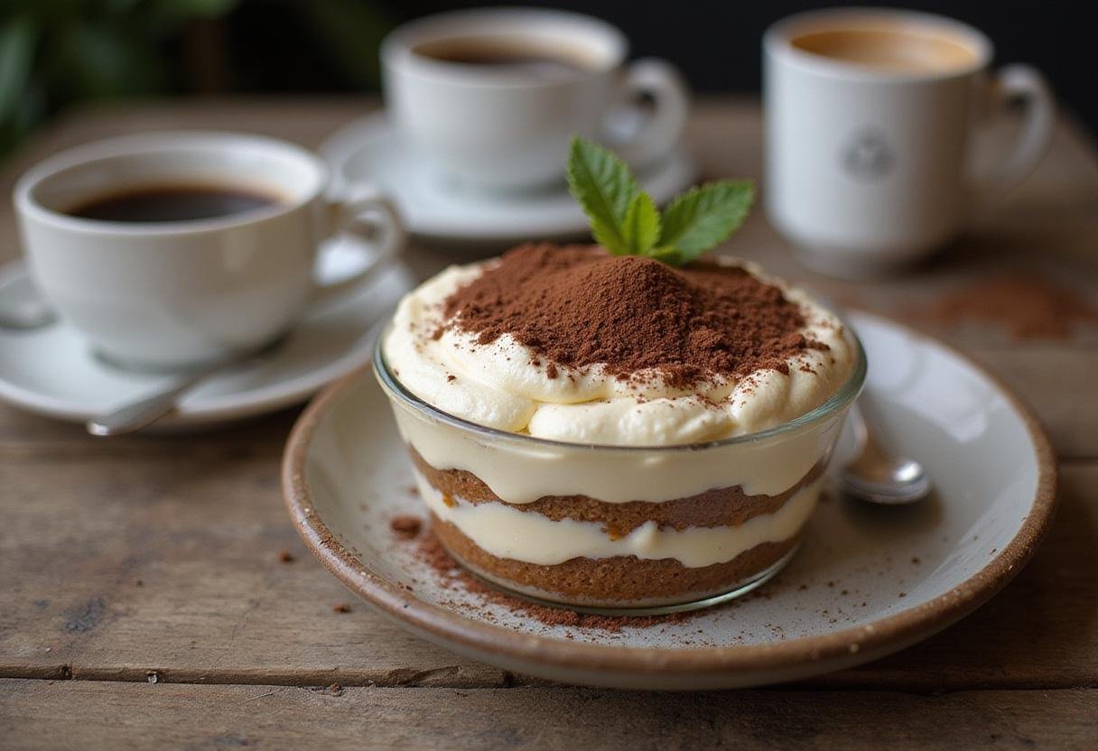 Final presentation of a decadent Costco tiramisu dessert ready to be served on a rustic table.