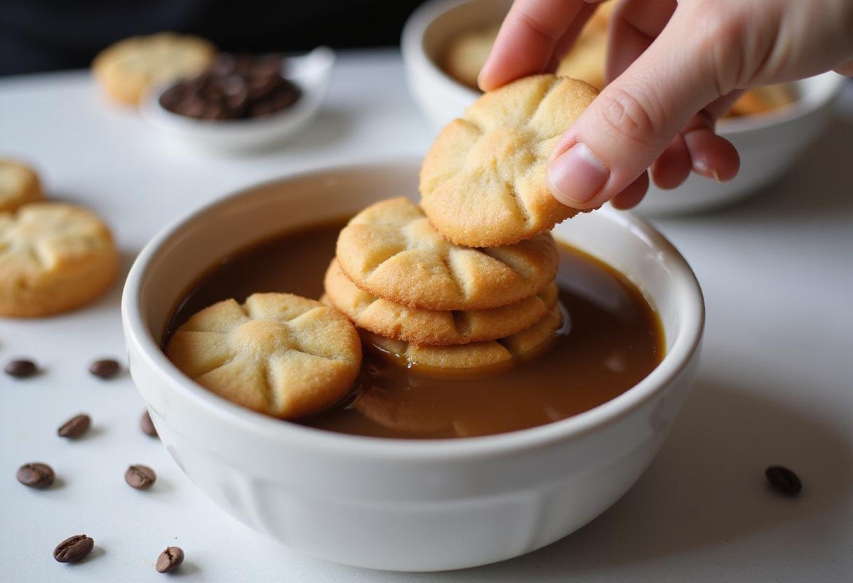 Dipping ladyfingers in coffee to create layers for a delicious tiramisu dessert.