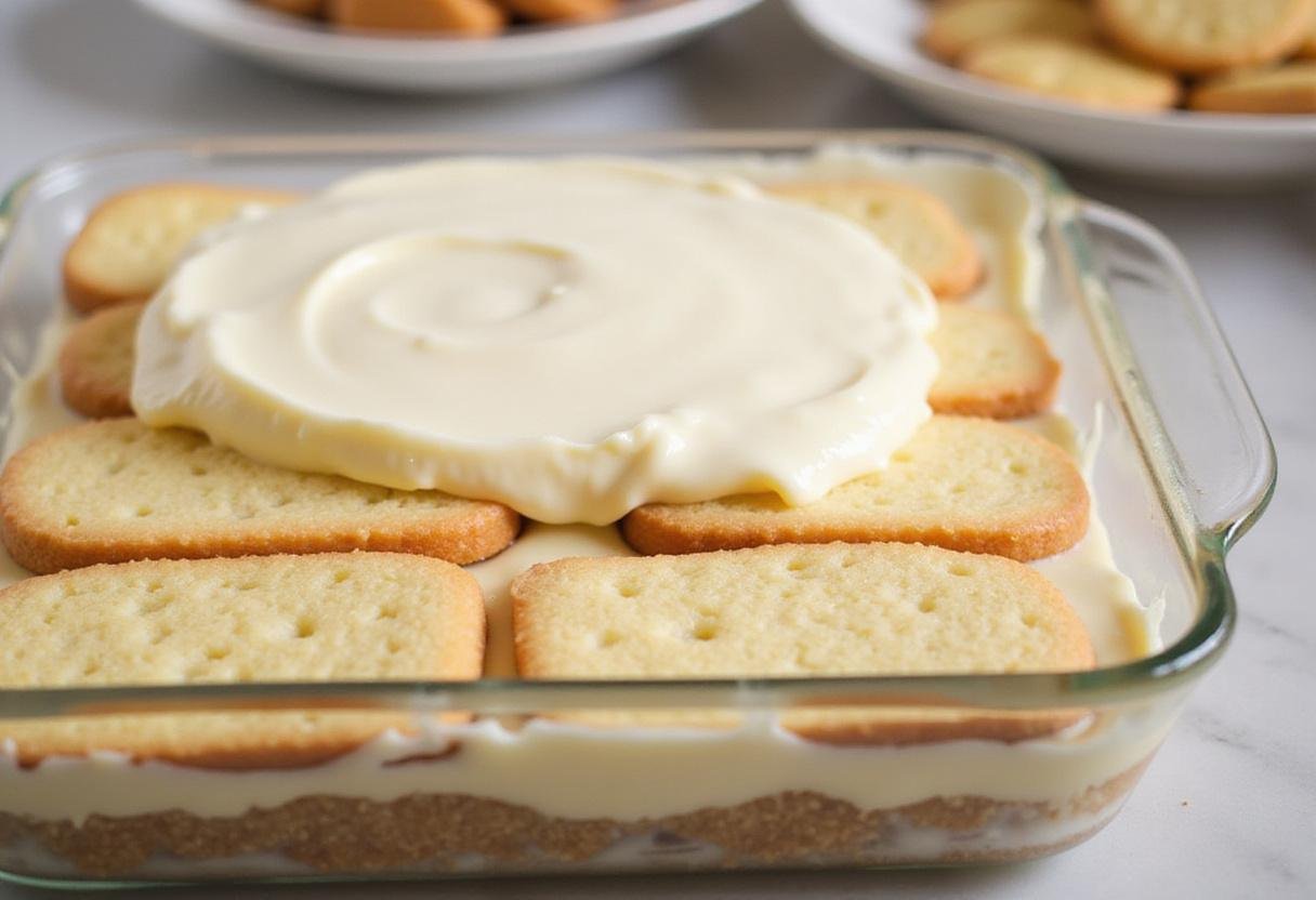 Creating layers of mascarpone and ladyfingers for an authentic Costco tiramisu dessert.