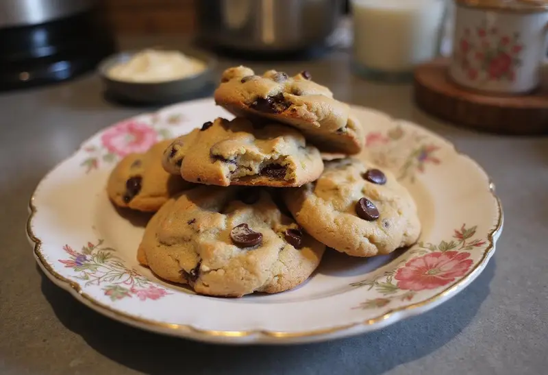 Delicious cream cheese chocolate chip cookies stacked on a plate, perfect for dessert or snack, with an inviting kitchen atmosphere.