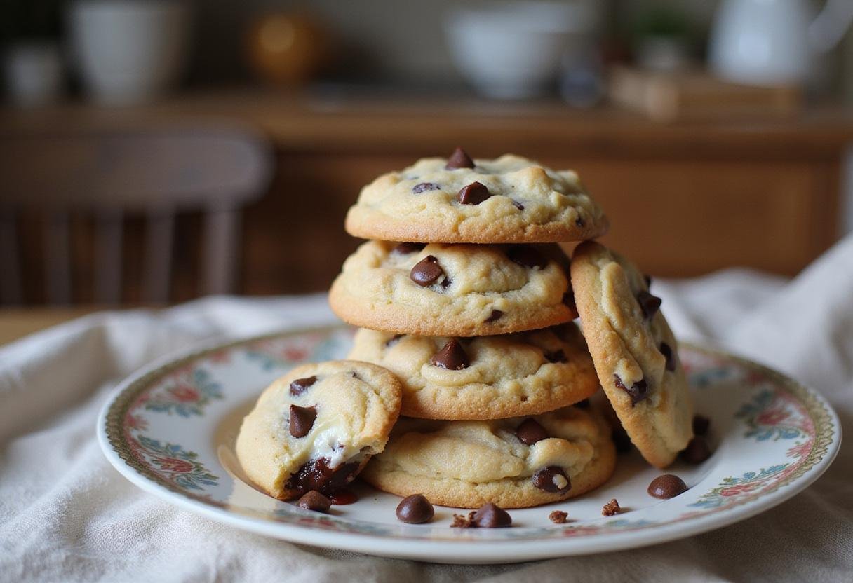 Delicious cream cheese chocolate chip cookies stacked on a plate, perfect for dessert or snack, with an inviting kitchen atmosphere.