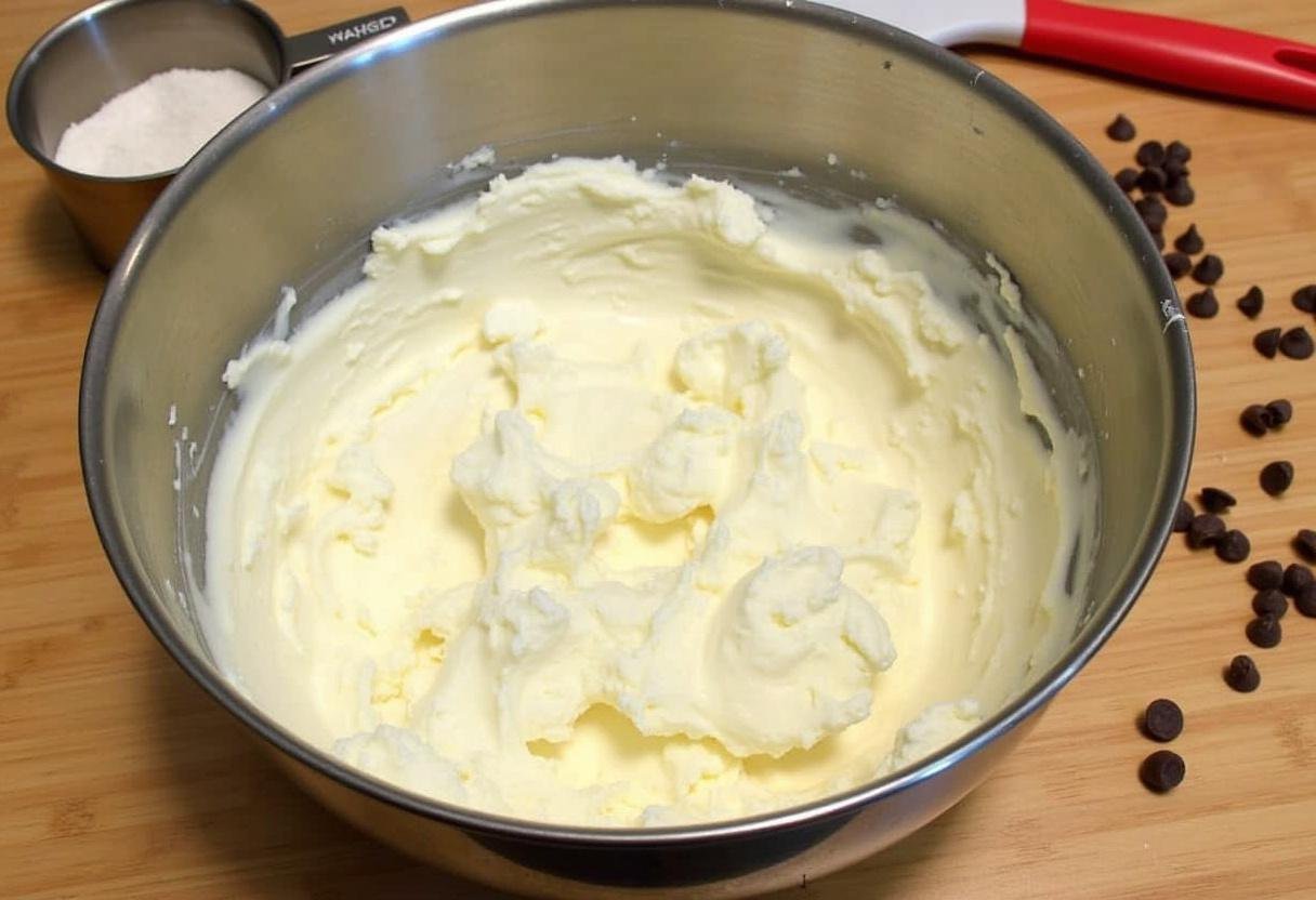 Mixing cream cheese and sugar for chocolate chip cheesecake cookies on a rustic wooden countertop.