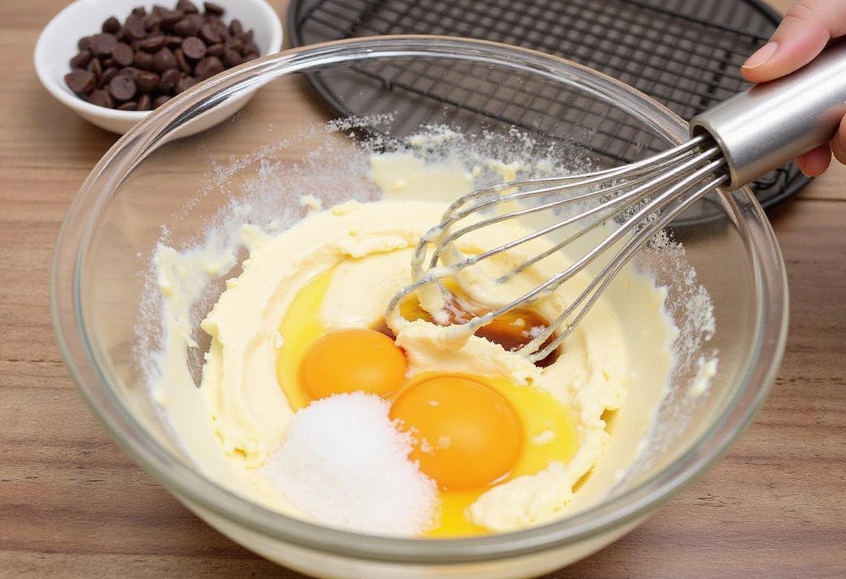 Combining ingredients for cream cheese chocolate chip cookies with chocolate chips ready in a cozy kitchen setup.
