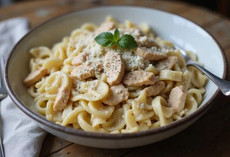 A delicious serving of creamy chicken caesar pasta salad in a rustic bowl, highlighting its flavor and freshness, perfect for any meal.
