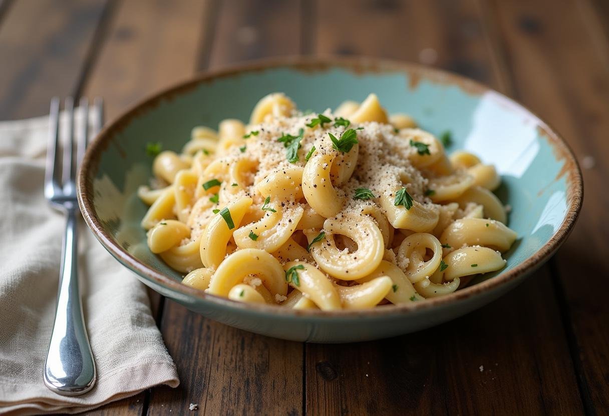 A delicious serving of creamy chicken caesar pasta salad in a rustic bowl, highlighting its flavor and freshness, perfect for any meal.