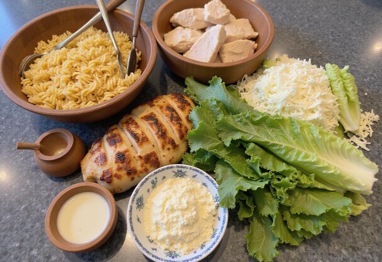 Fresh ingredients for creamy chicken caesar pasta salad including grilled chicken, pasta, romaine lettuce, and parmesan for a delicious recipe.