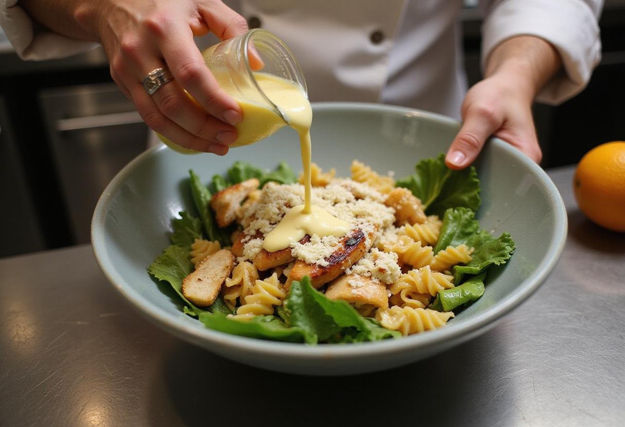 Pouring creamy Caesar dressing into a colorful bowl of ingredients for chicken caesar pasta salad, capturing the preparation process.