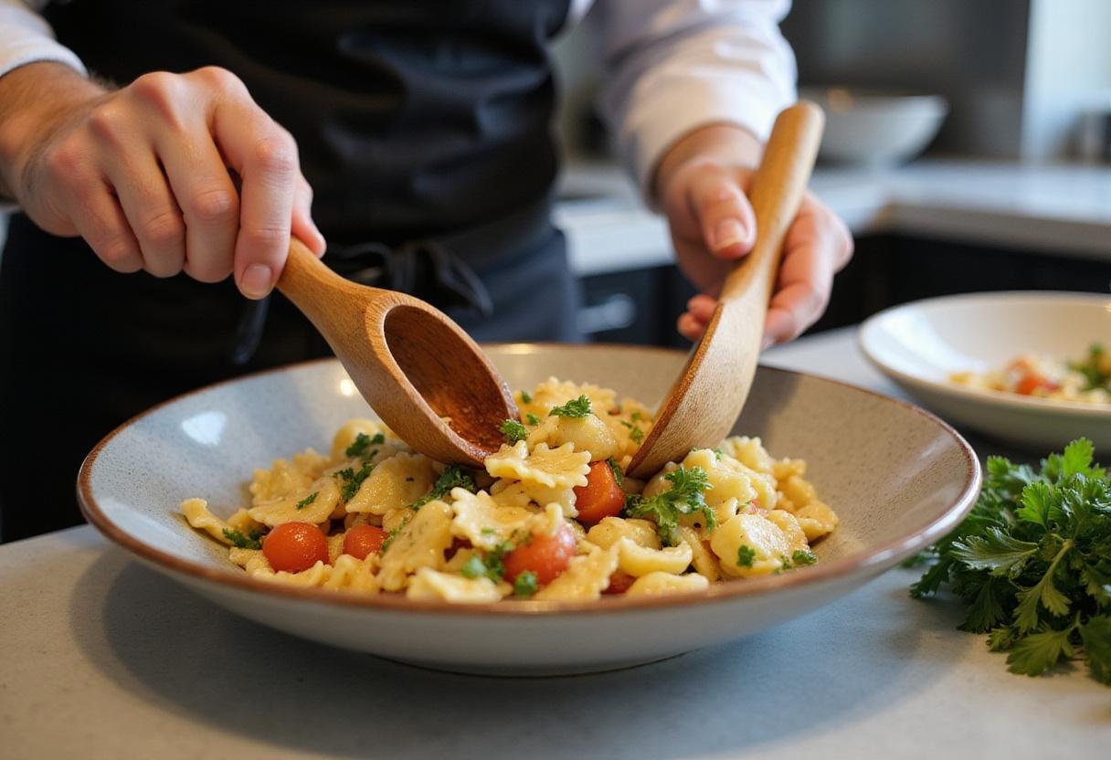 Tossing creamy chicken caesar pasta salad ingredients together, ensuring even coverage of the dressing for a flavorful dish.