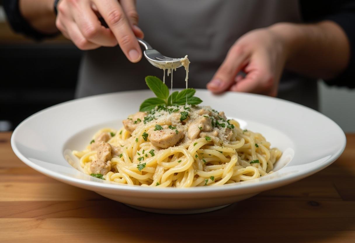 Plating the final crispy and creamy chicken caesar pasta salad, showcasing a vibrant dish garnished with cheese and fresh herbs.