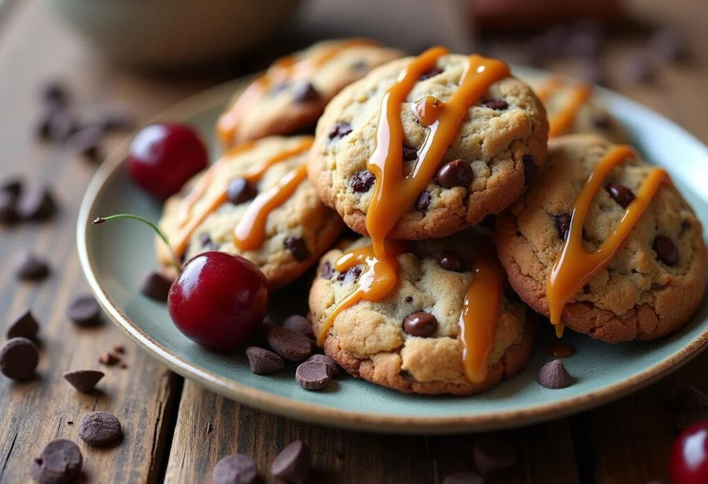 Enjoying a plate of creamy and chewy chocolate chip cookies with caramel and cherries, perfect for dessert lovers.