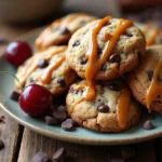 Enjoying a plate of creamy and chewy chocolate chip cookies with caramel and cherries, perfect for dessert lovers.