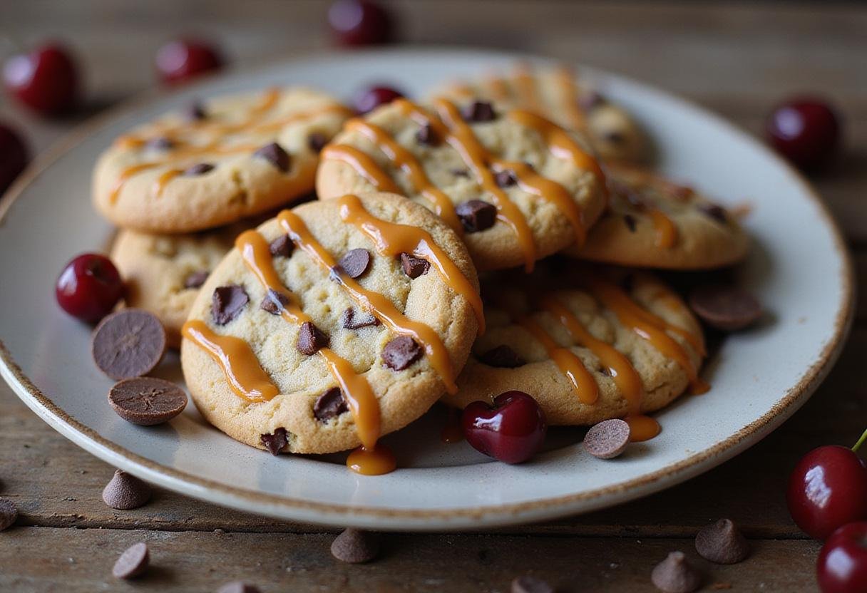Enjoying a plate of creamy and chewy chocolate chip cookies with caramel and cherries, perfect for dessert lovers.