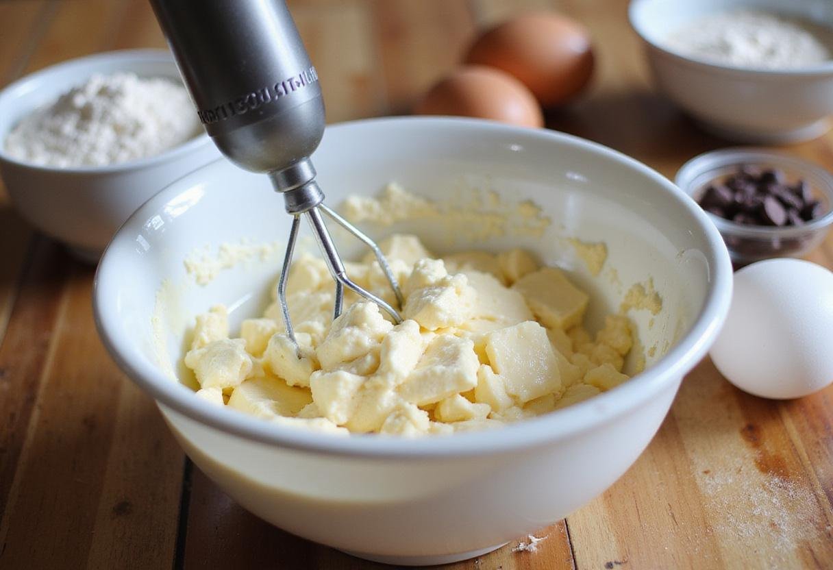 Making cream cheese chocolate chip cookies with a mixer blending cream cheese and sugar for the perfect dough.