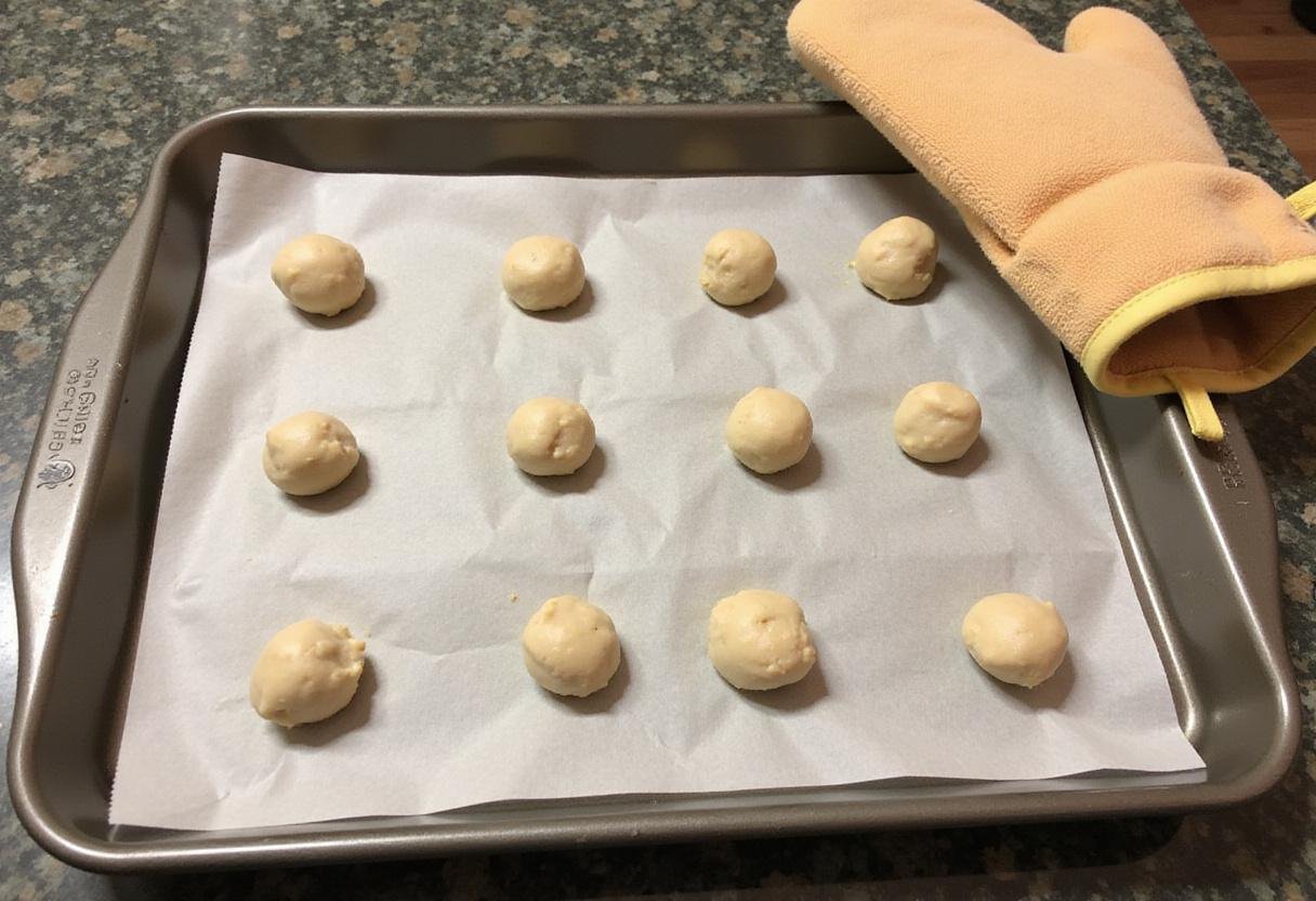 Preparing chocolate chip cookies for baking, placing dough balls on a tray for delicious cream cheese-infused cookies.