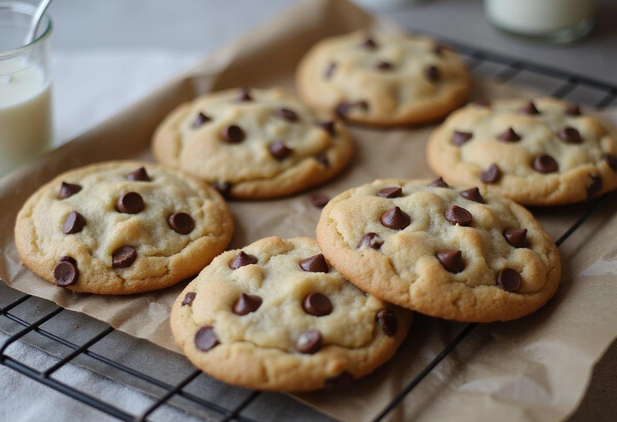 Deliciously baked and golden cream cheese chocolate chip cookies cooling, showcasing their perfect chewy texture.