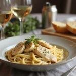 Final presentation of crockpot garlic parmesan chicken pasta with garlic bread and a glass of wine, perfect for dinner.