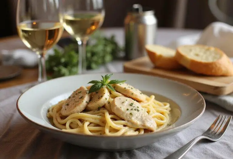 Final presentation of crockpot garlic parmesan chicken pasta with garlic bread and a glass of wine, perfect for dinner.