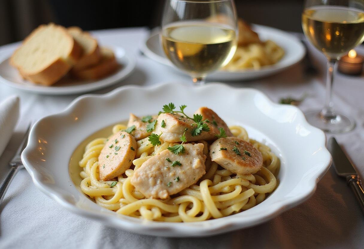 Final presentation of crockpot garlic parmesan chicken pasta with garlic bread and a glass of wine, perfect for dinner.