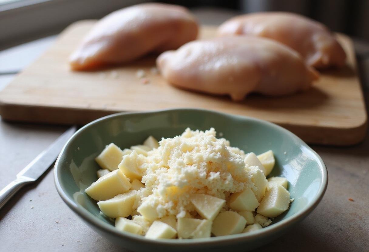 Chopped garlic and grated Parmesan cheese for crockpot garlic parmesan chicken pasta preparation.